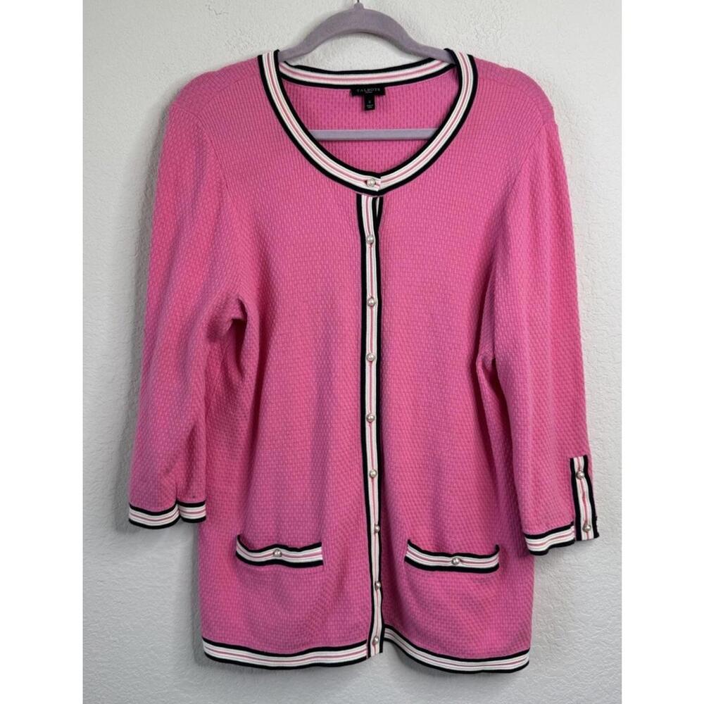 Talbots Women’s Textured Knit Cardigan Sweater Pink Sz X 3/4 Sleeve Barbiecore
